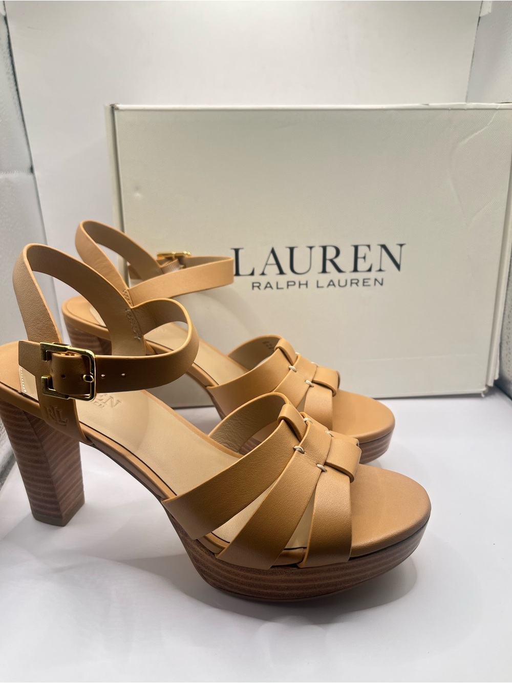 Lauren Ralph Lauren Sofia New Womens 6.5 Tan Leather Platform Block Heel Sandals